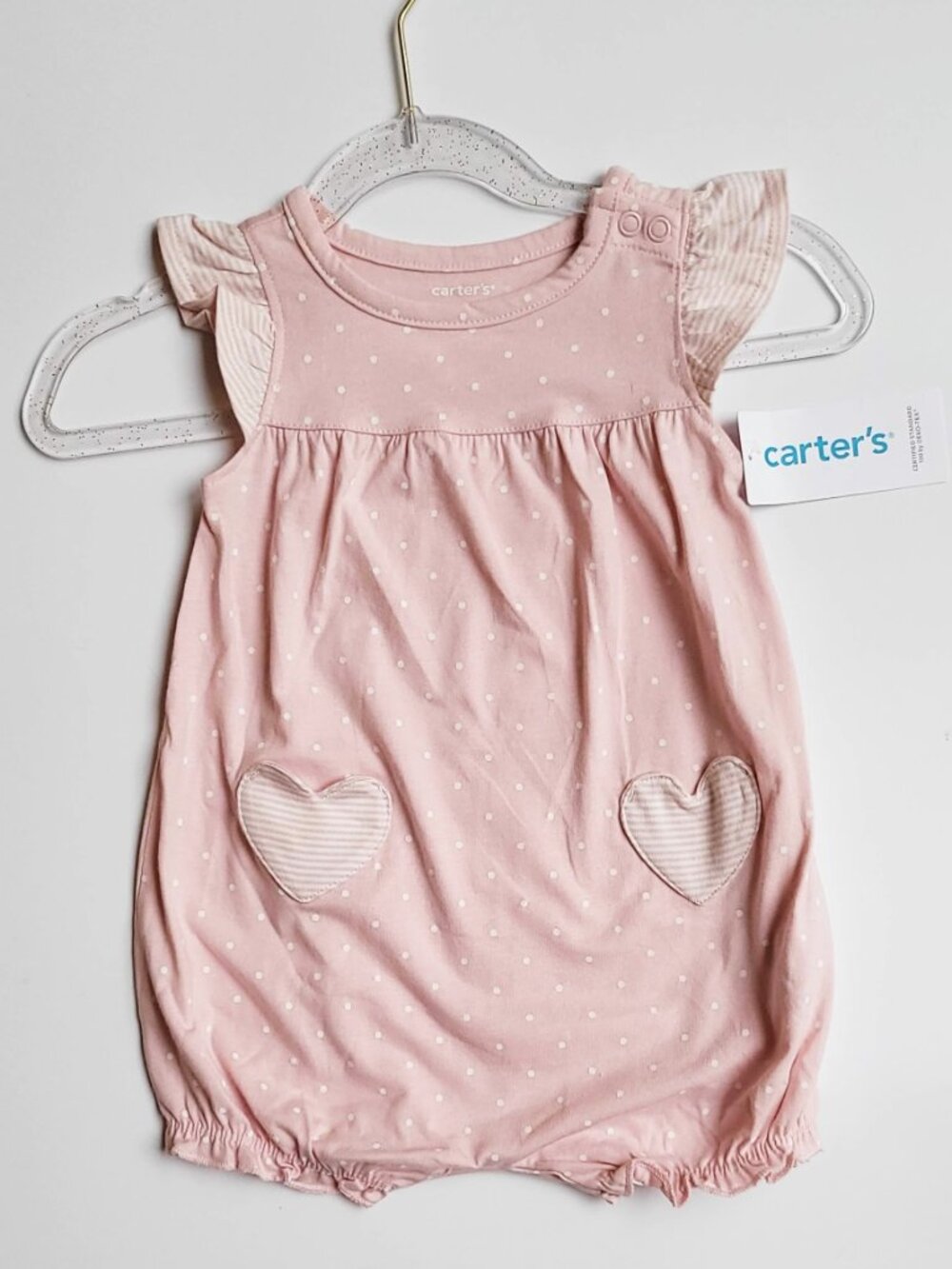 NWT Carter's Sweet Baby Girl Heart Pocket Romper - Pink/White - 6 Months - Picture 3 of 10